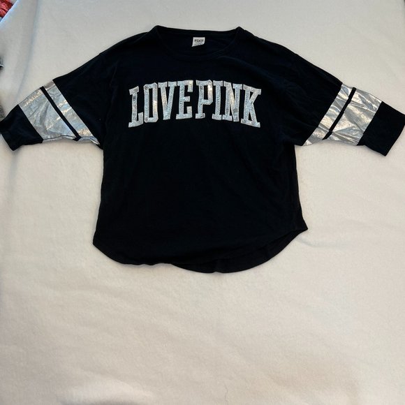 PINK Victoria Secret Black Top silver Sequins Sz L Short Sleeves LOVE PINK - Picture 1 of 6